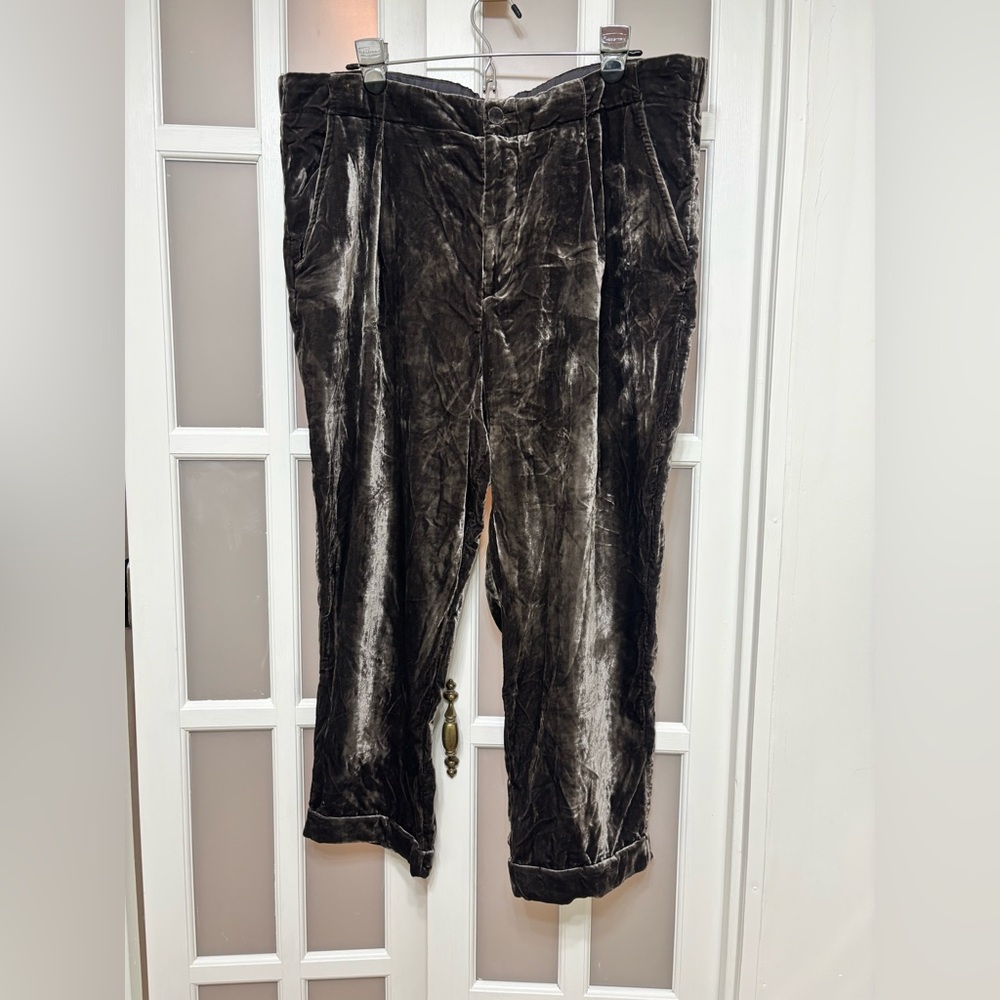 Anthro Ett Twa Velvet Pants XL Gray Crushed Velvet Pleated Crop Boho